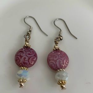 Lavender Swirl and White Czech Earrings